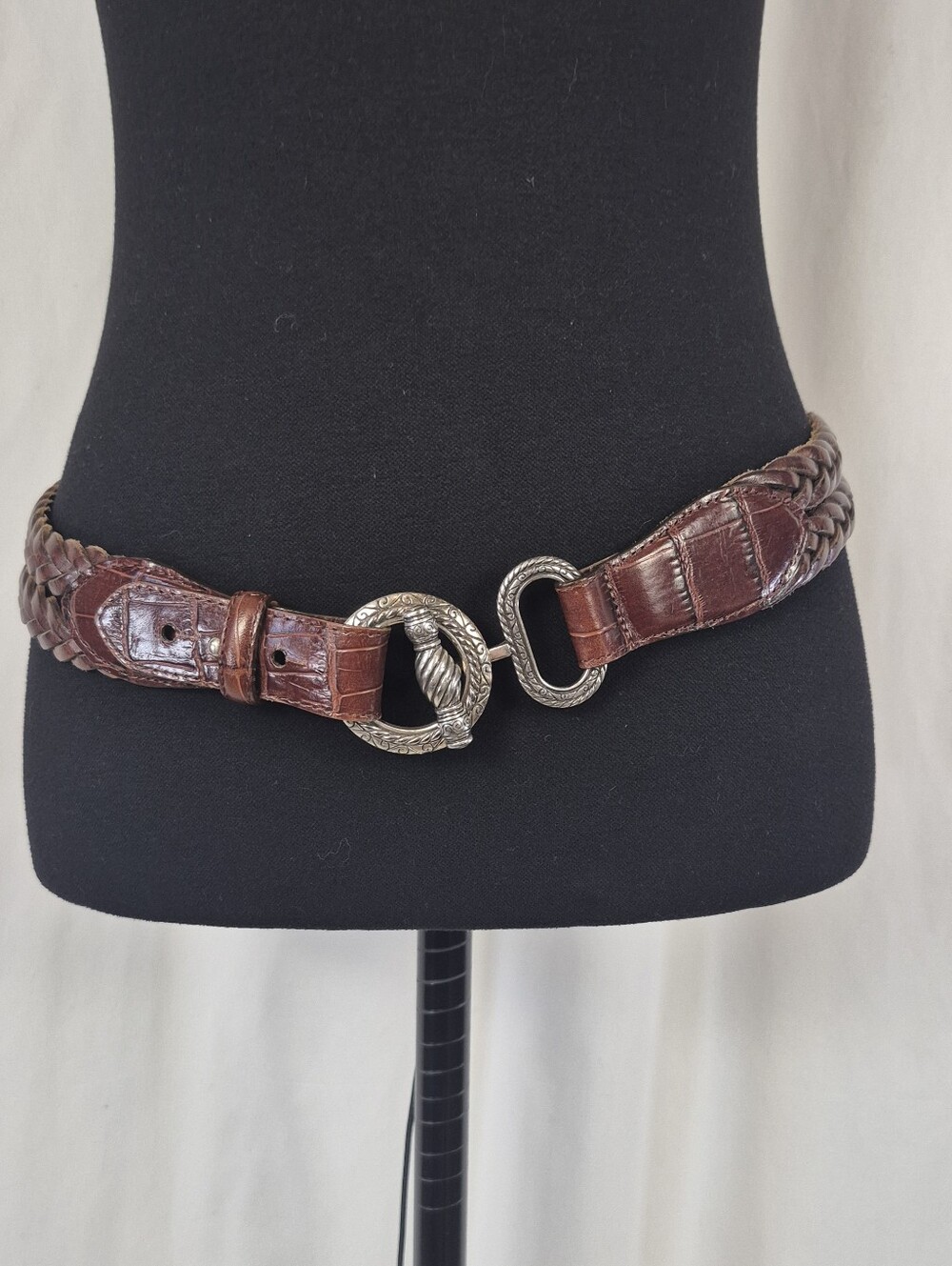 Lands' End Womens Vintage '96 Braided Brown Leather Belt Silver-Tone Buckle - XS